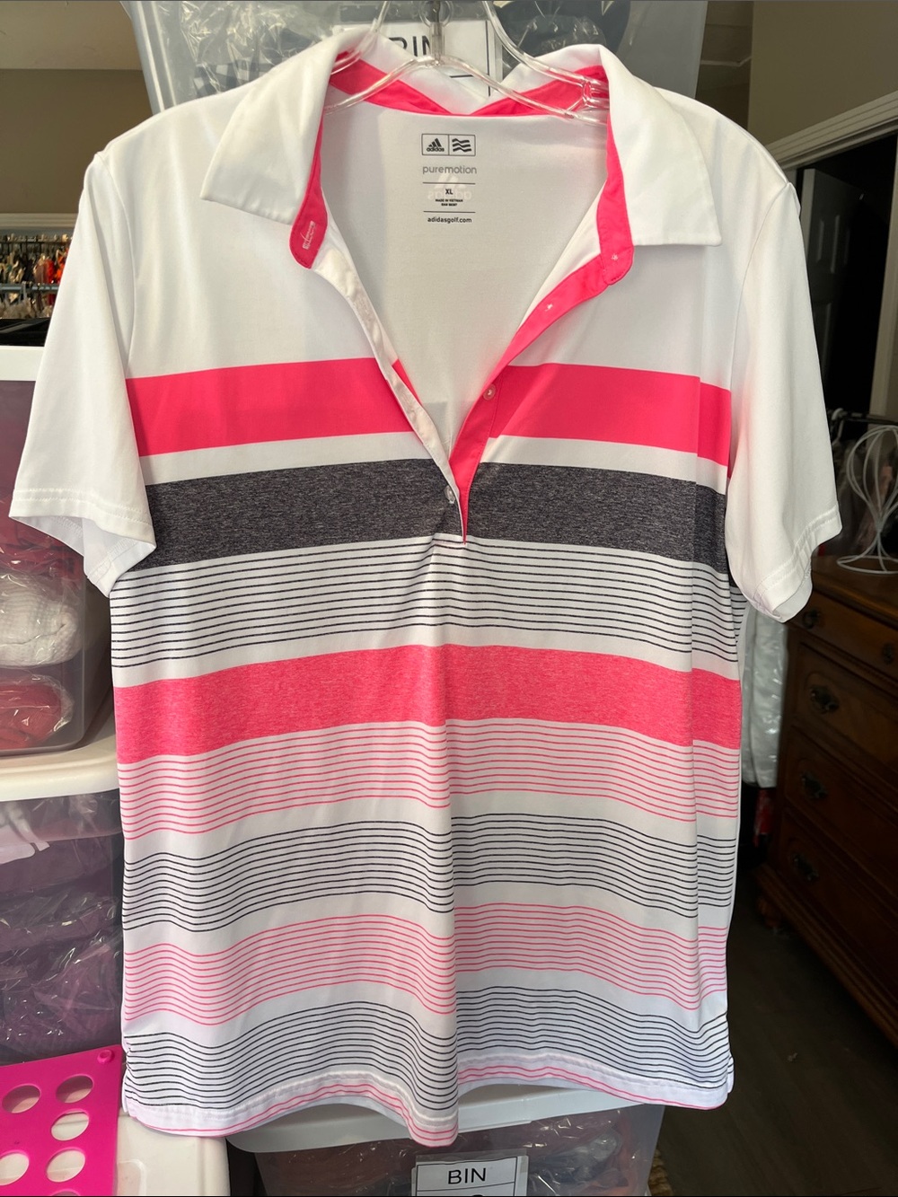 adidas Women’s Short Sleeve Polo - White & Hot Pink Striped